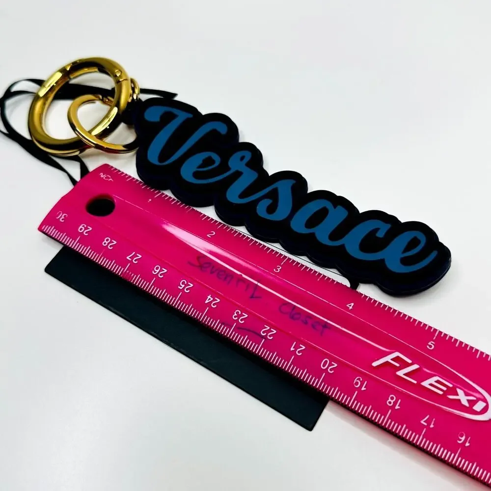 Versace Unisex Key Ring Gold Round Blue Silicone Charm Logo Key Chain NWT $225